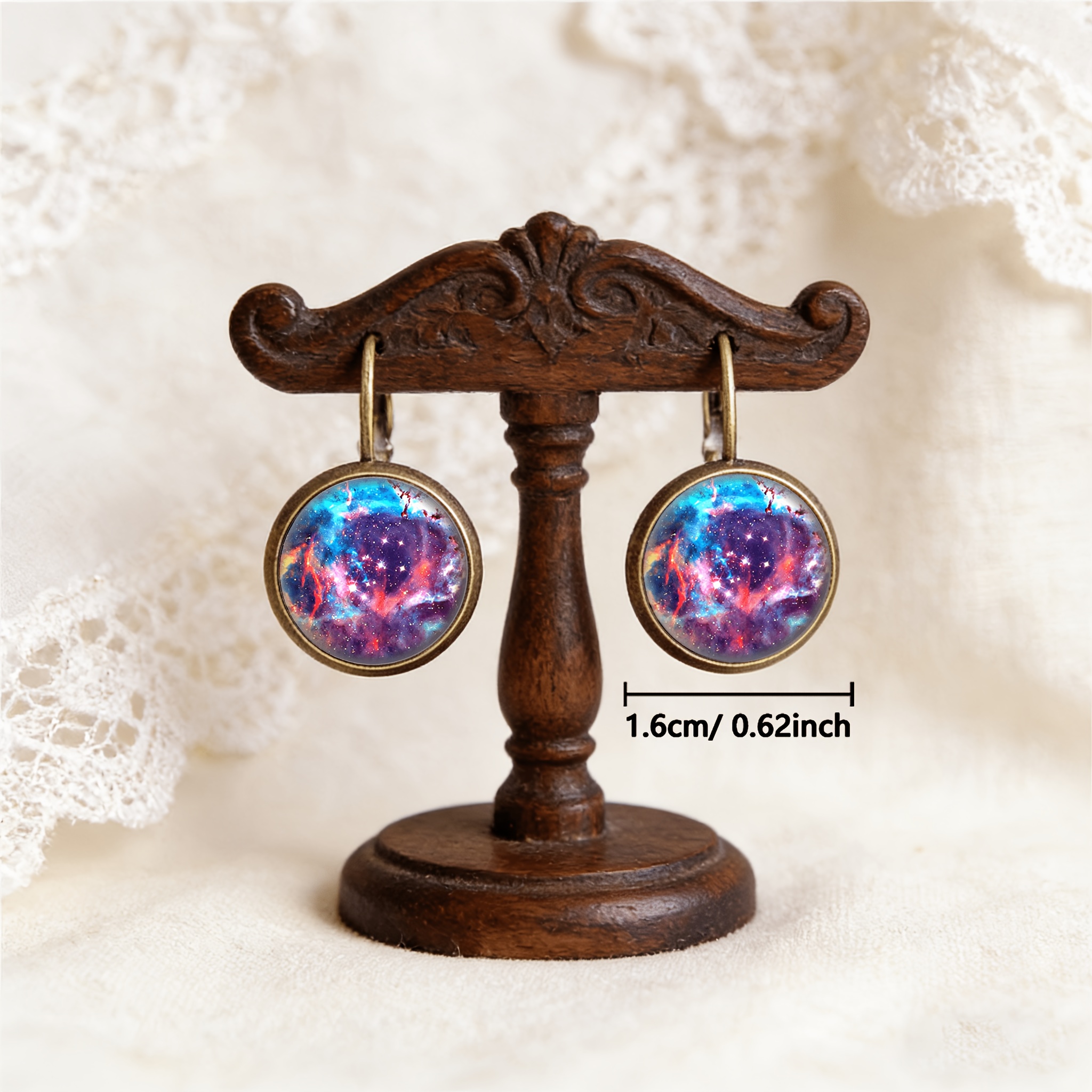 2pcs Cyan Round Classical Earrings Set with Universe Nebula Design
